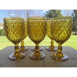 VTG Amber Yellow Diamond Cut Pressed Glass 10oz Wine Water Goblets 6.75”~ 6 Pc